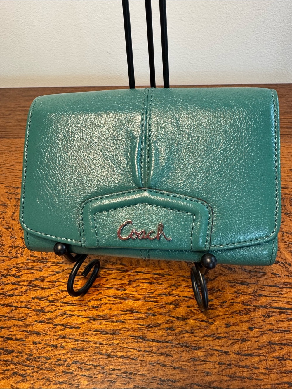 Coach Ashley Teal Green Pleated Leather Compact Wallet